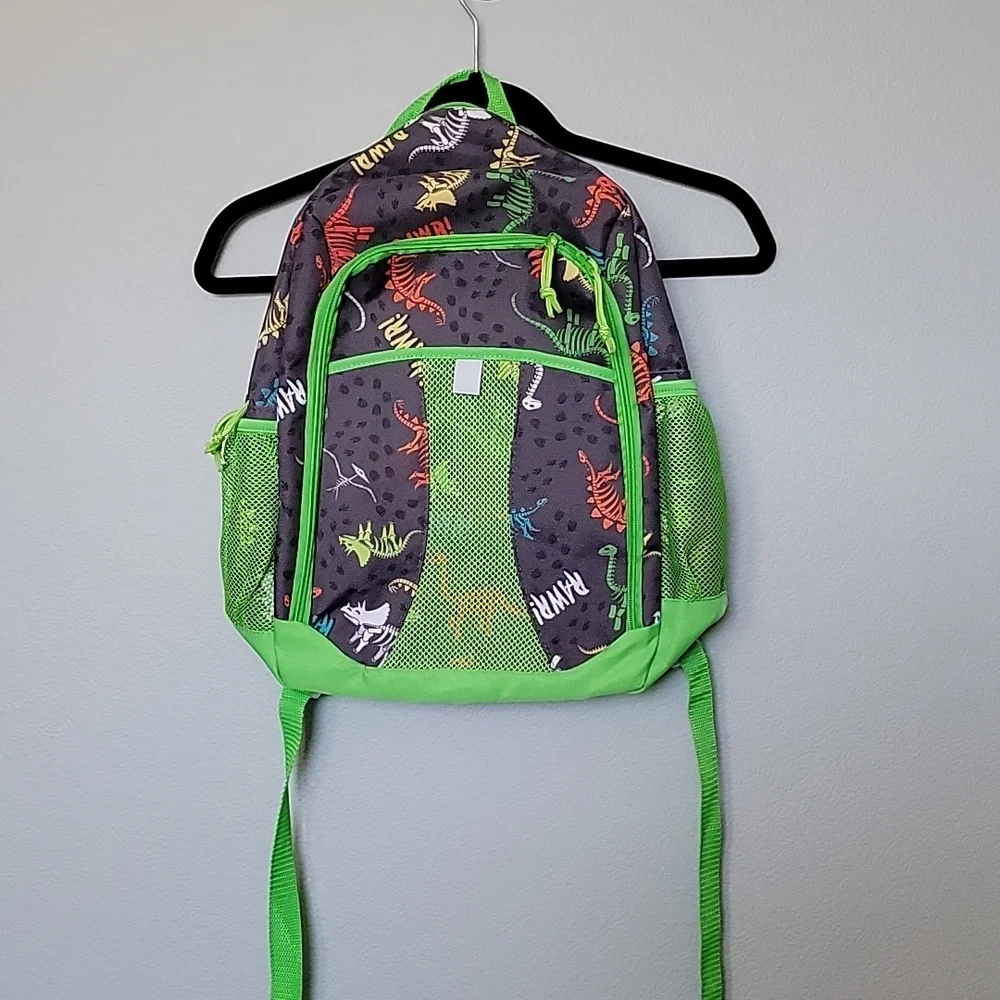 Kids Vibrant Neon Green and Gray Dinosaur Backpack with Mesh Side Pockets